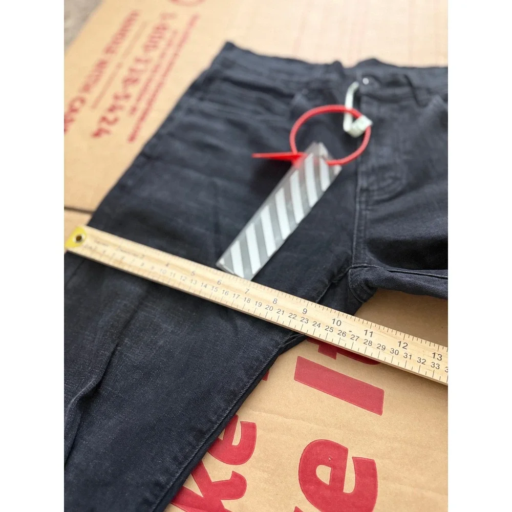 Off-White Slim Fit Black Denim Jeans Orange Checkered Patch Distressed Mens 30